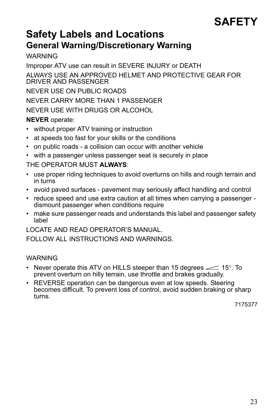 Safety, Safety labels and locations, General warning/discretionary warning | Polaris Sportsman Touring 500 HO User Manual | Page 27 / 145