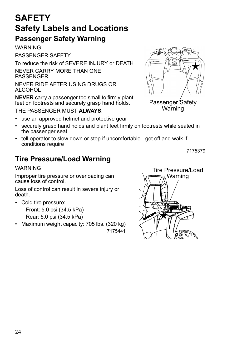 Safety, Safety labels and locations, Passenger safety warning | Tire pressure/load warning | Polaris Sportsman Touring 500 HO User Manual | Page 28 / 145