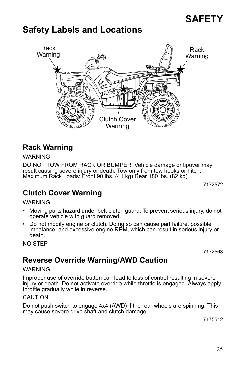 Safety, Safety labels and locations, Rack warning | Clutch cover warning, Reverse override warning/awd caution | Polaris Sportsman Touring 500 HO User Manual | Page 29 / 145