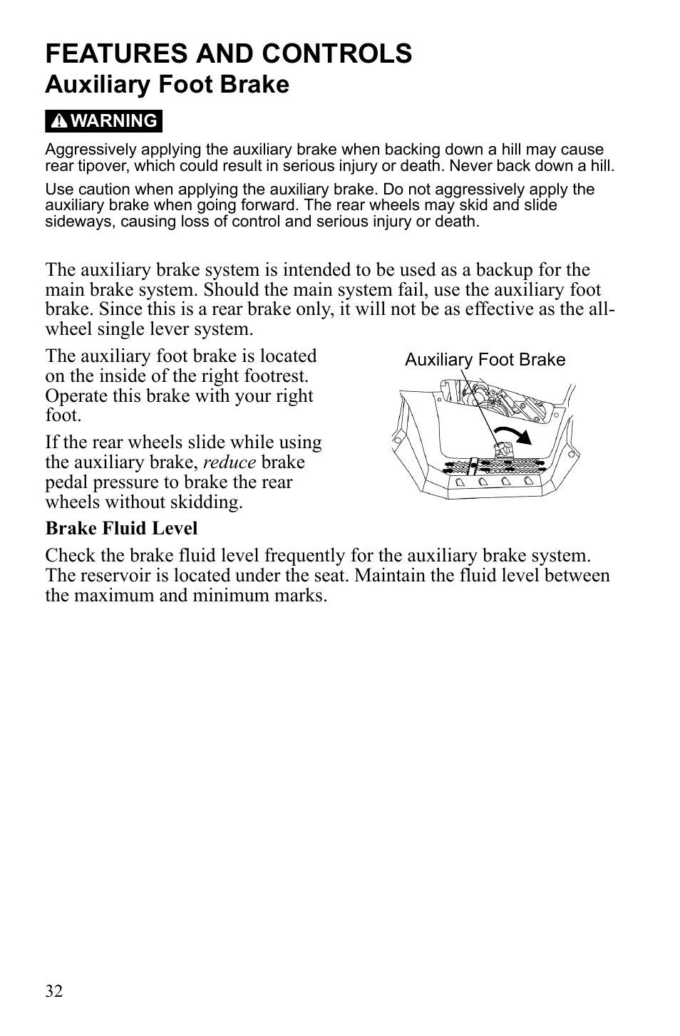 Features and controls, Auxiliary foot brake | Polaris Sportsman Touring 500 HO User Manual | Page 36 / 145