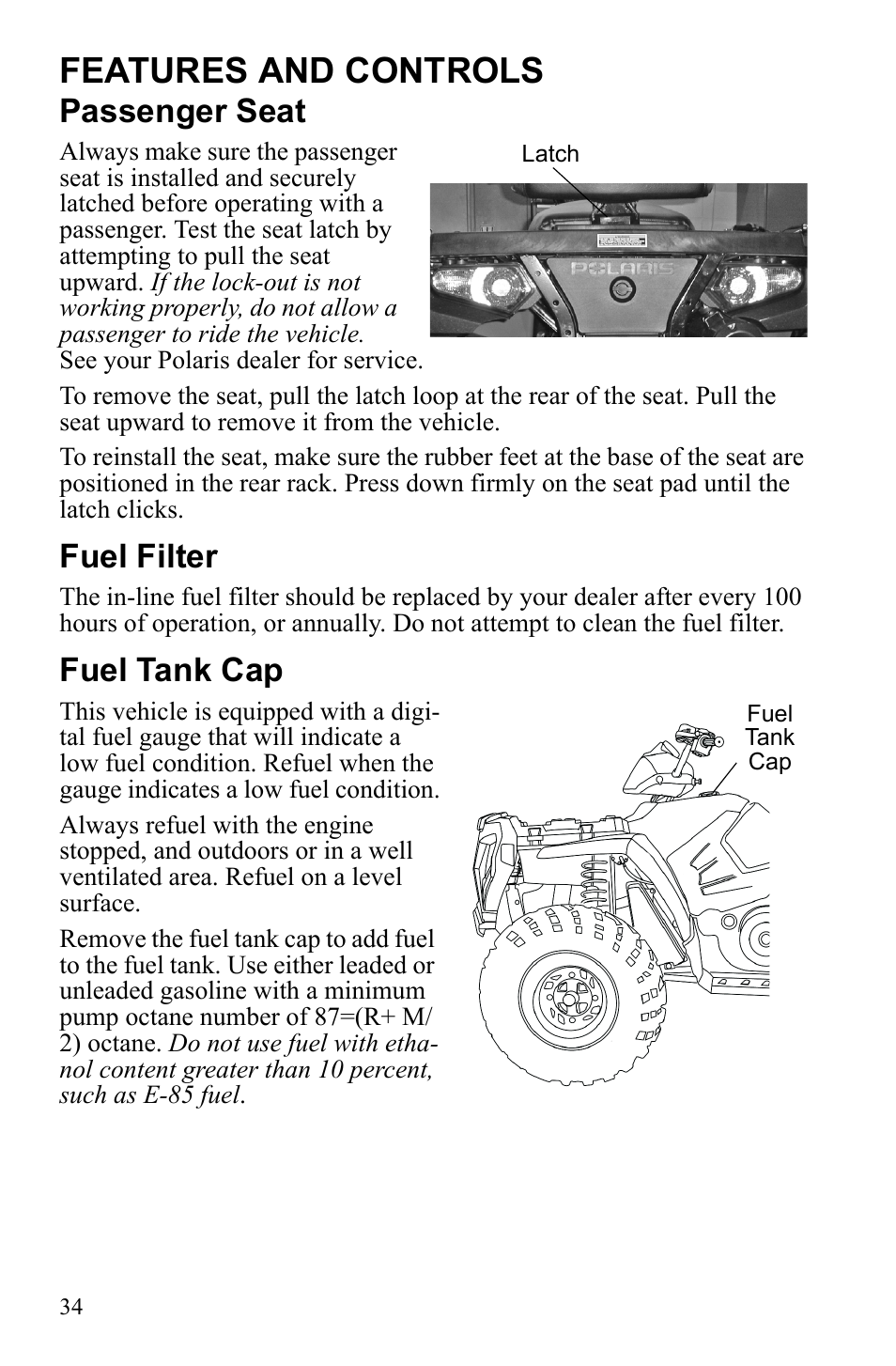 Features and controls, Passenger seat, Fuel filter | Fuel tank cap | Polaris Sportsman Touring 500 HO User Manual | Page 38 / 145