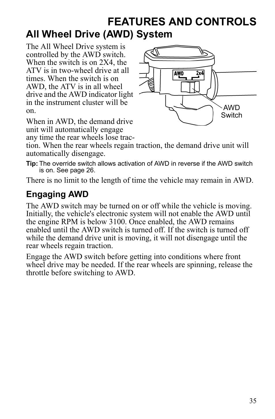 Features and controls, All wheel drive (awd) system | Polaris Sportsman Touring 500 HO User Manual | Page 39 / 145