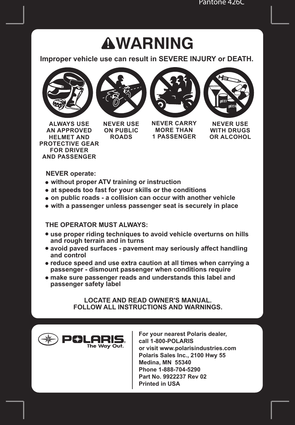 Warning, Pantone 426c | Polaris Sportsman Touring 500 HO User Manual | Page 4 / 145