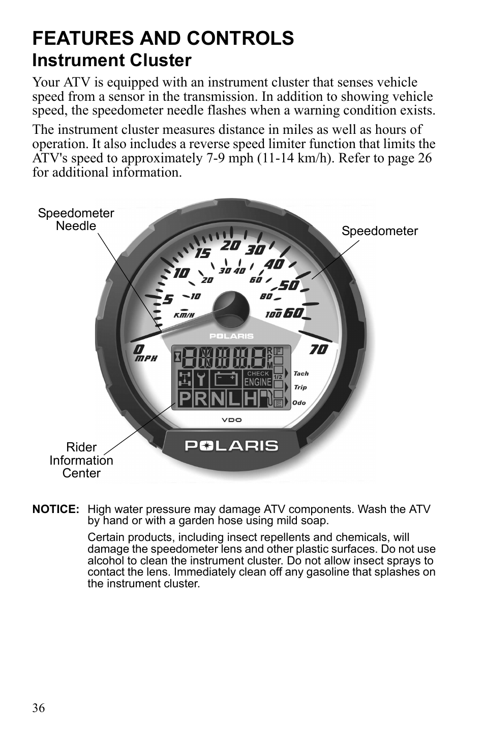 Features and controls, Instrument cluster | Polaris Sportsman Touring 500 HO User Manual | Page 40 / 145