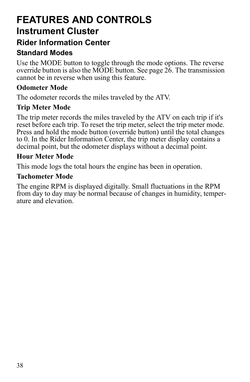 Features and controls, Instrument cluster | Polaris Sportsman Touring 500 HO User Manual | Page 42 / 145