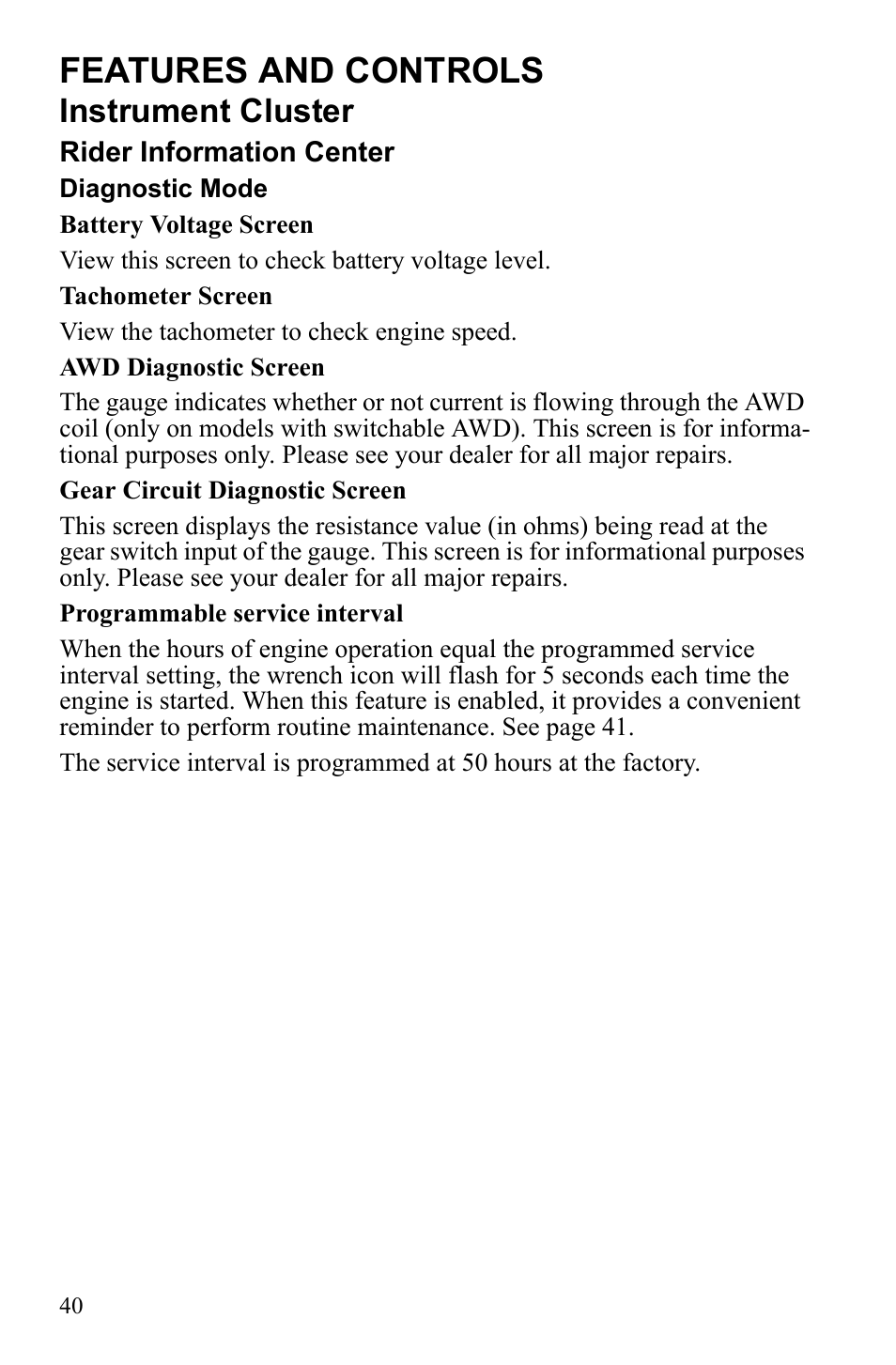 Features and controls, Instrument cluster | Polaris Sportsman Touring 500 HO User Manual | Page 44 / 145