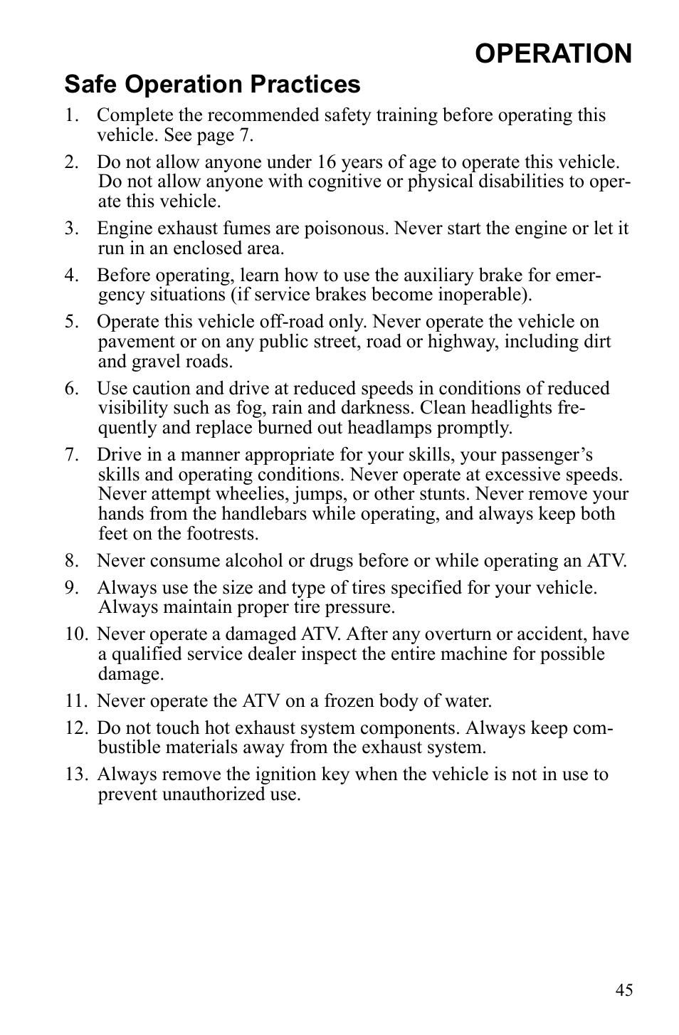 Operation, Safe operation practices | Polaris Sportsman Touring 500 HO User Manual | Page 49 / 145