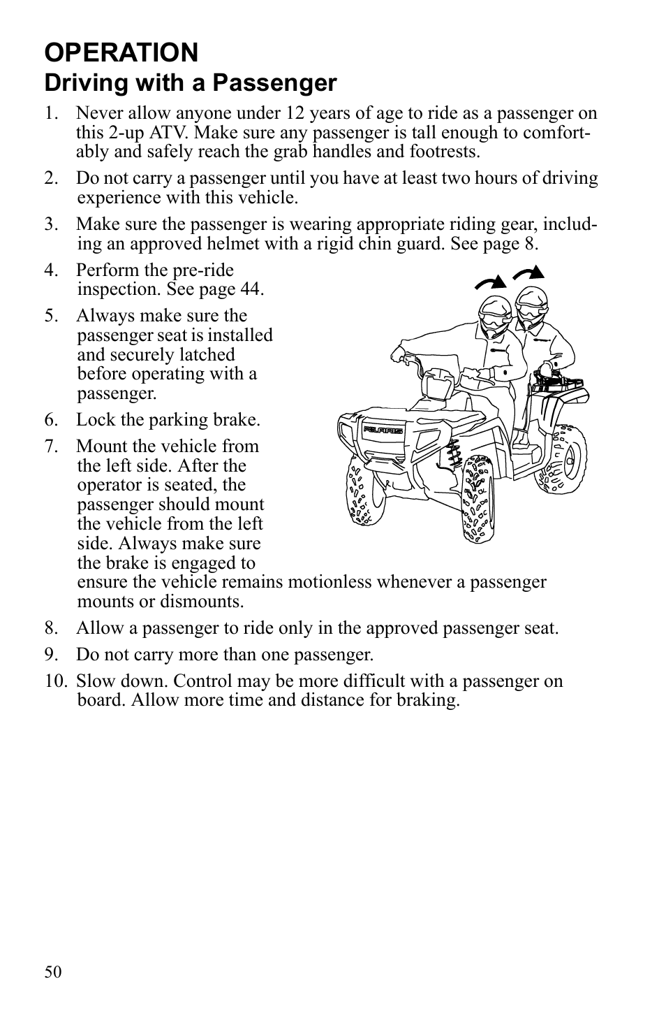 Operation, Driving with a passenger | Polaris Sportsman Touring 500 HO User Manual | Page 54 / 145