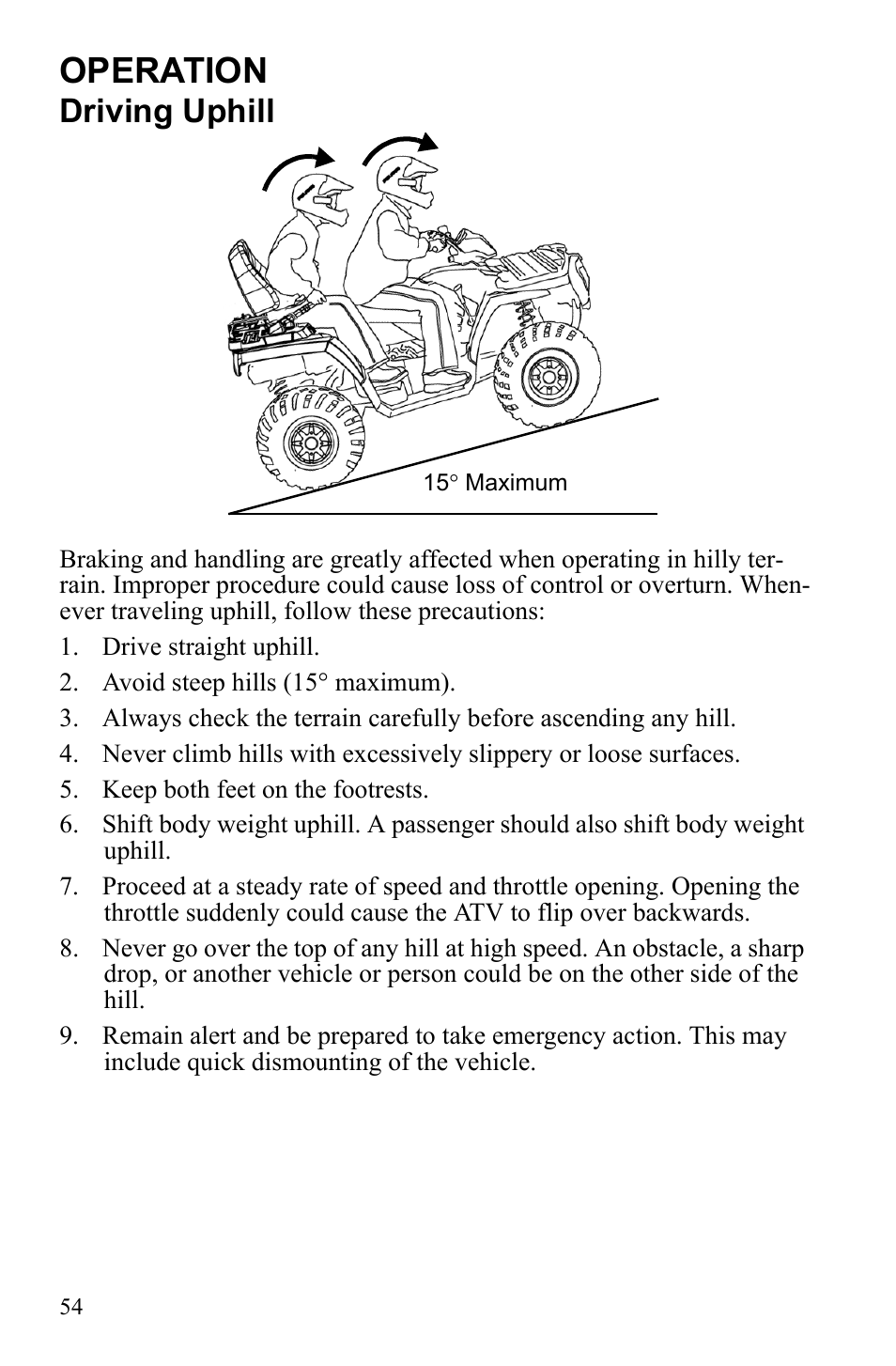 Operation, Driving uphill | Polaris Sportsman Touring 500 HO User Manual | Page 58 / 145