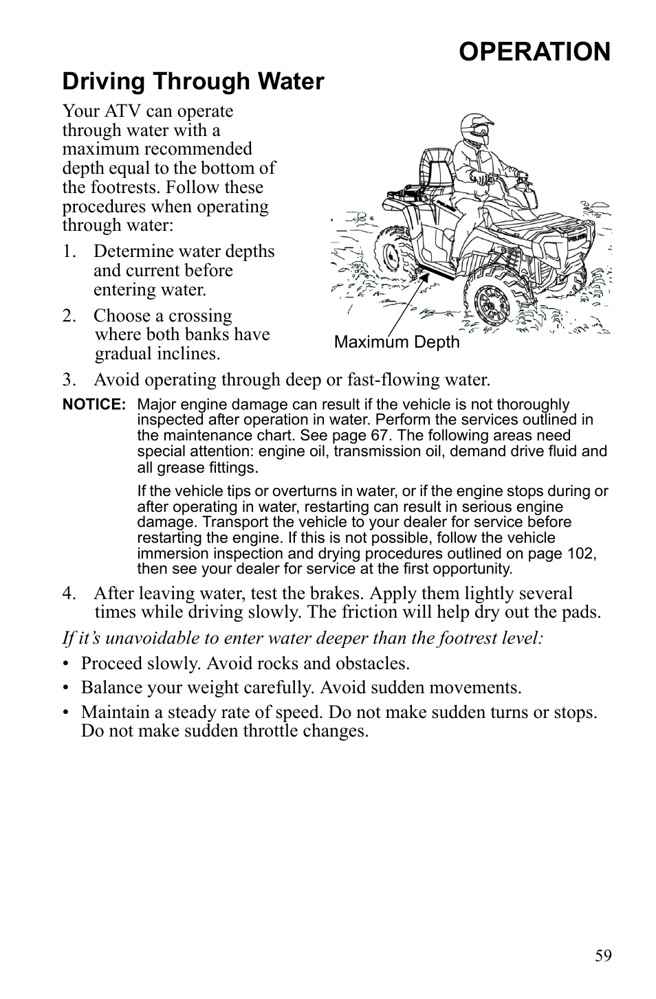 Operation, Driving through water | Polaris Sportsman Touring 500 HO User Manual | Page 63 / 145