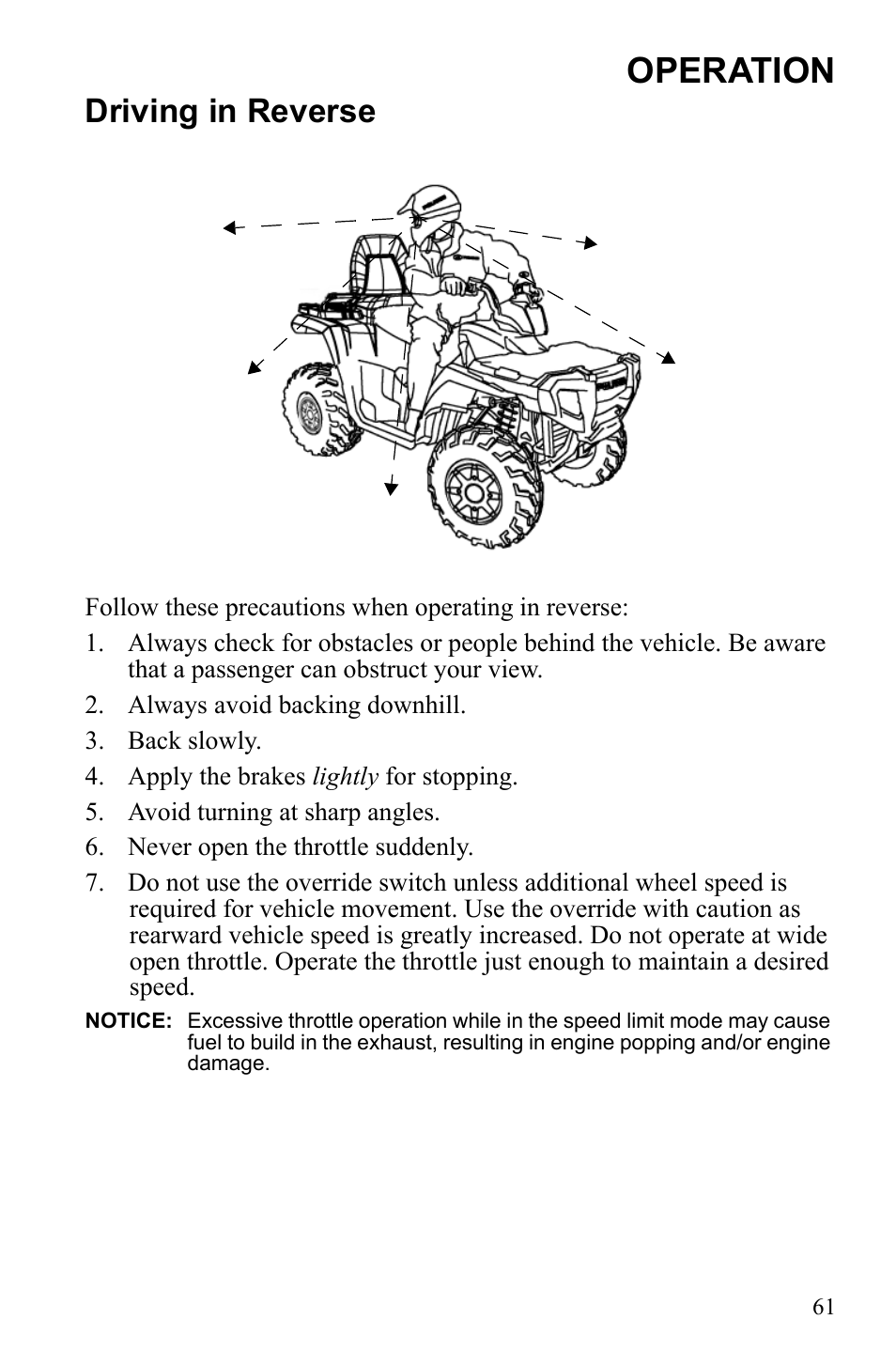 Operation, Driving in reverse | Polaris Sportsman Touring 500 HO User Manual | Page 65 / 145