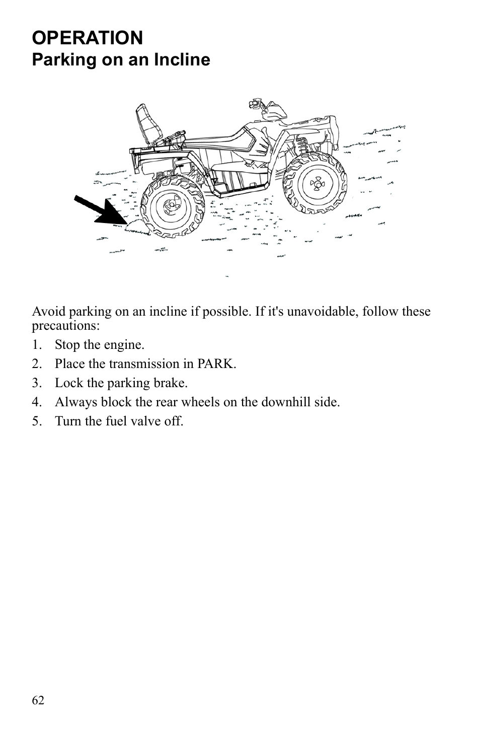 Operation, Parking on an incline | Polaris Sportsman Touring 500 HO User Manual | Page 66 / 145