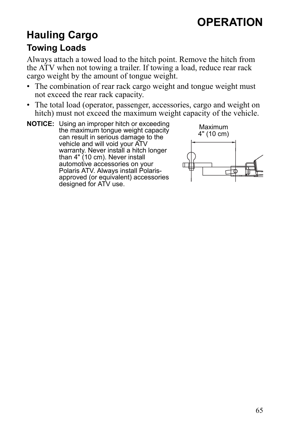 Operation, Hauling cargo, Towing loads | Polaris Sportsman Touring 500 HO User Manual | Page 69 / 145