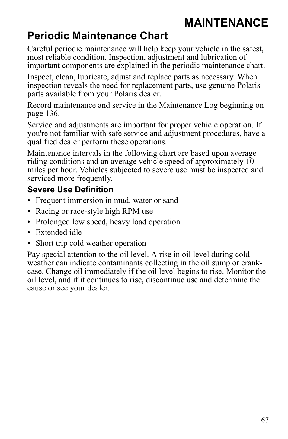 Maintenance, Periodic maintenance chart | Polaris Sportsman Touring 500 HO User Manual | Page 71 / 145