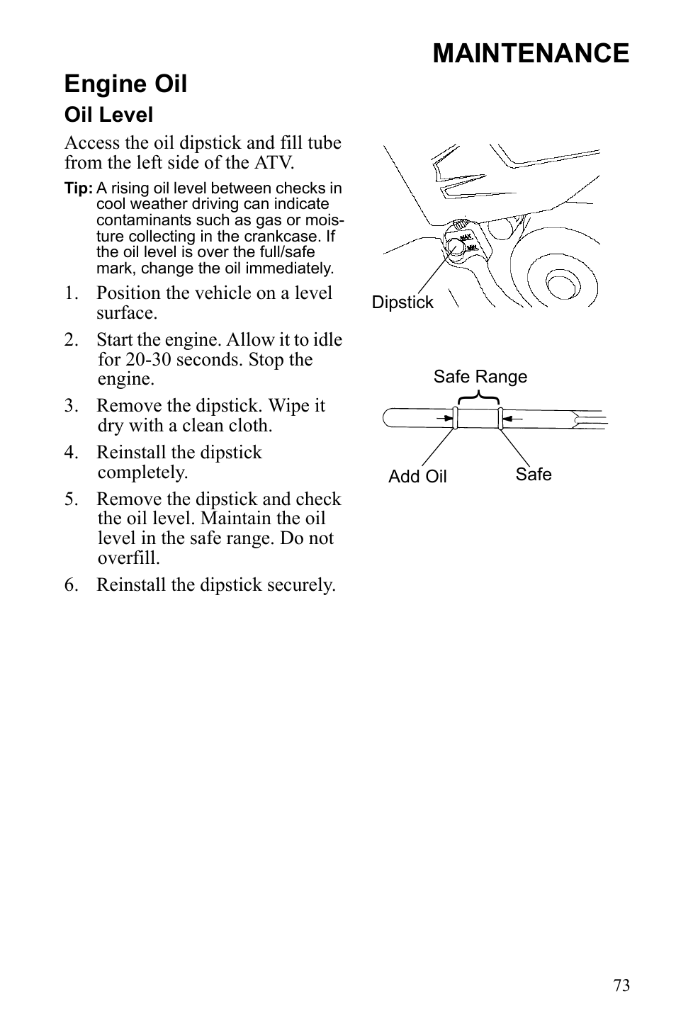Maintenance, Engine oil | Polaris Sportsman Touring 500 HO User Manual | Page 77 / 145