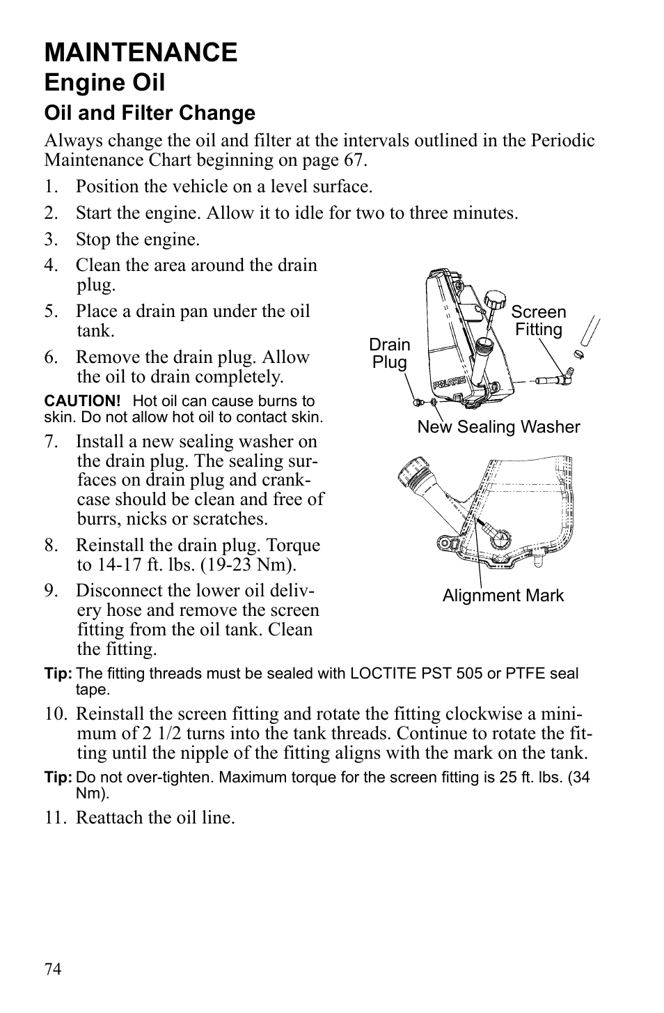 Maintenance, Engine oil, Oil and filter change | Polaris Sportsman Touring 500 HO User Manual | Page 78 / 145