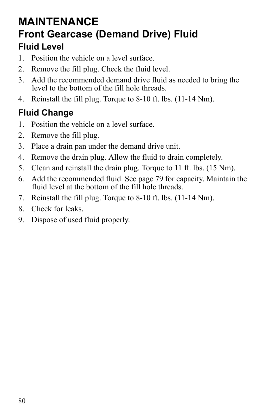 Maintenance, Front gearcase (demand drive) fluid | Polaris Sportsman Touring 500 HO User Manual | Page 84 / 145
