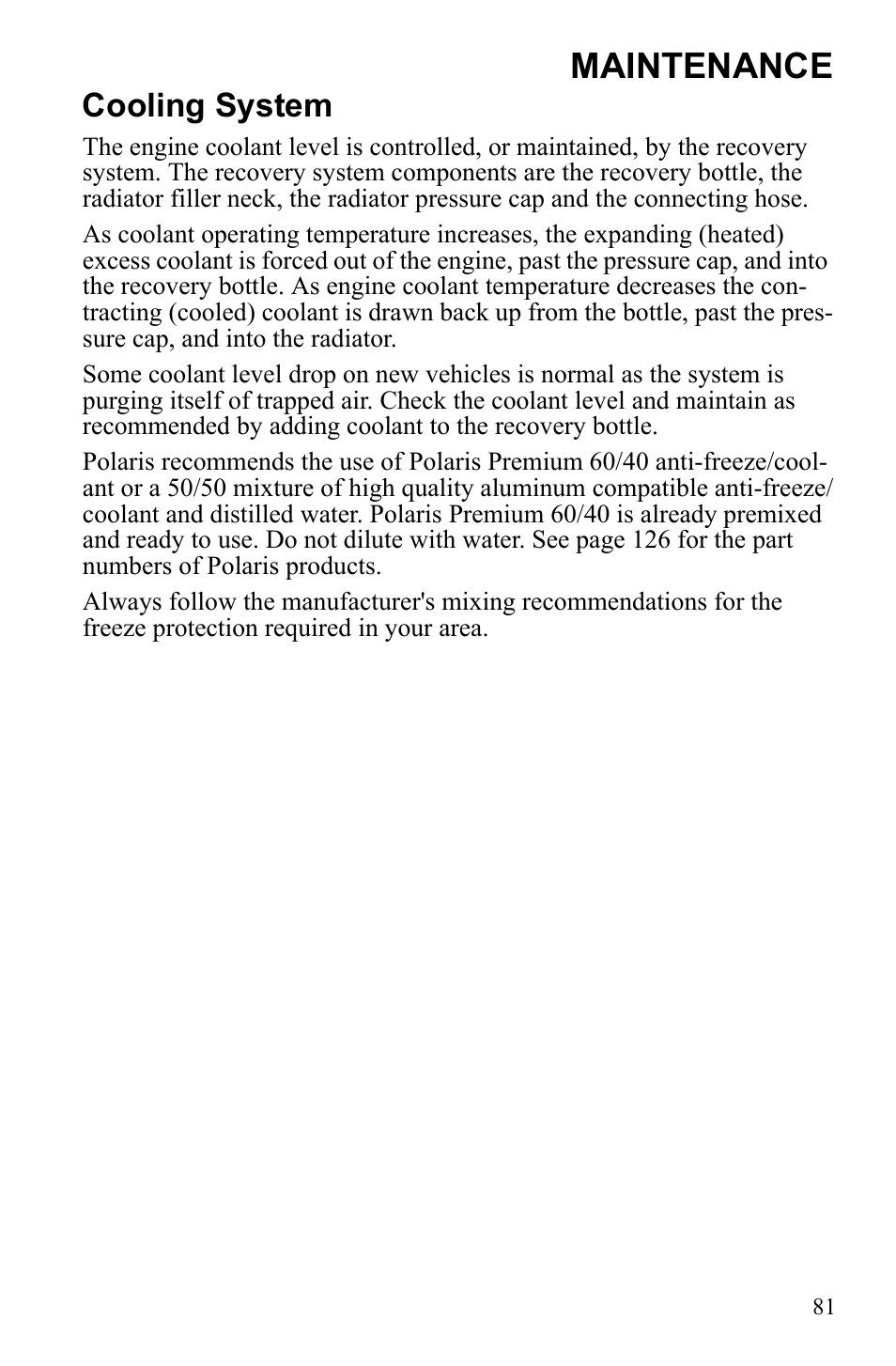 Maintenance, Cooling system | Polaris Sportsman Touring 500 HO User Manual | Page 85 / 145
