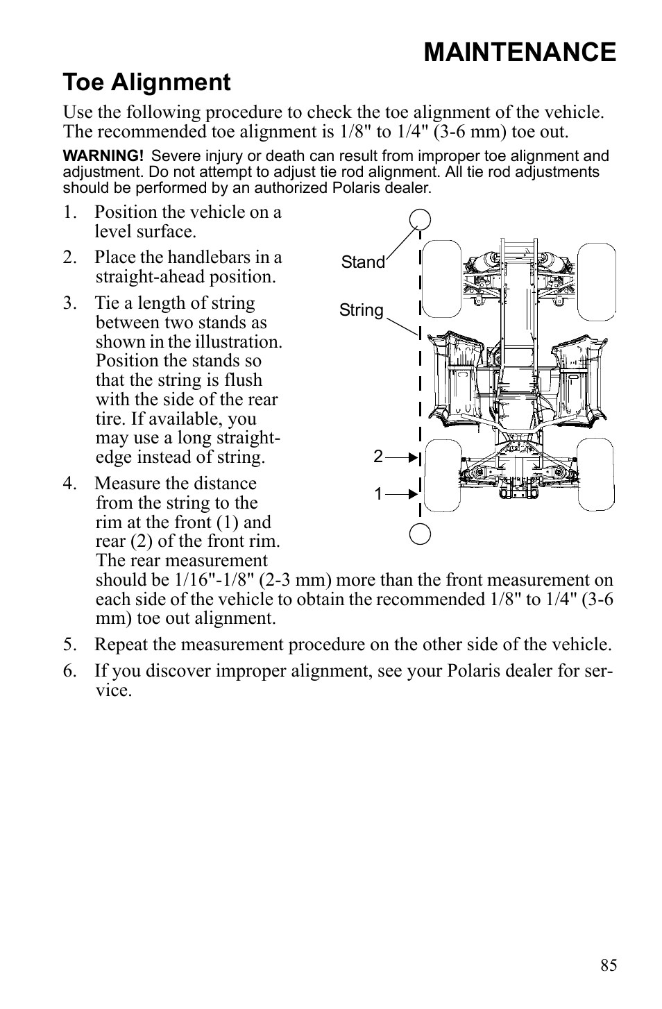 Maintenance, Toe alignment | Polaris Sportsman Touring 500 HO User Manual | Page 89 / 145