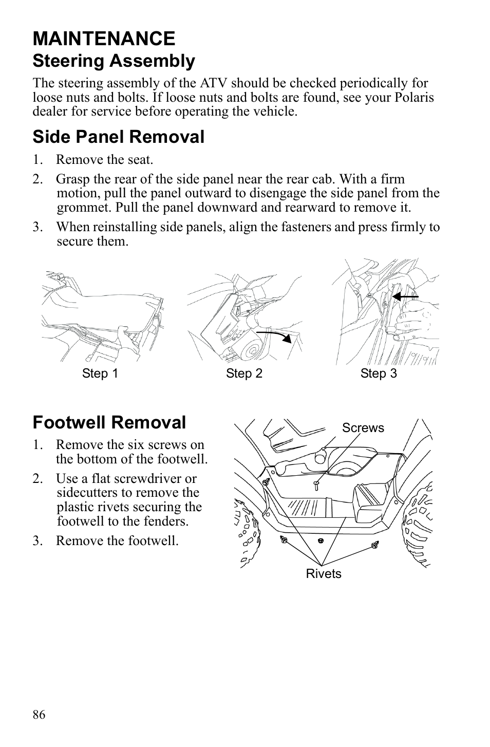 Maintenance, Steering assembly, Side panel removal | Footwell removal | Polaris Sportsman Touring 500 HO User Manual | Page 90 / 145