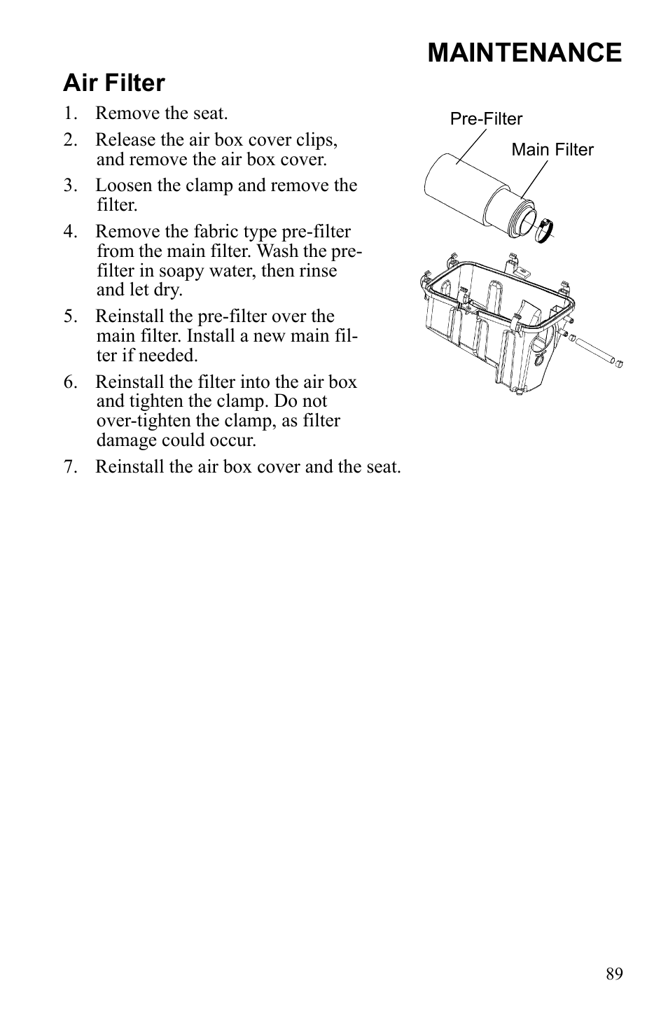 Maintenance, Air filter | Polaris Sportsman Touring 500 HO User Manual | Page 93 / 145