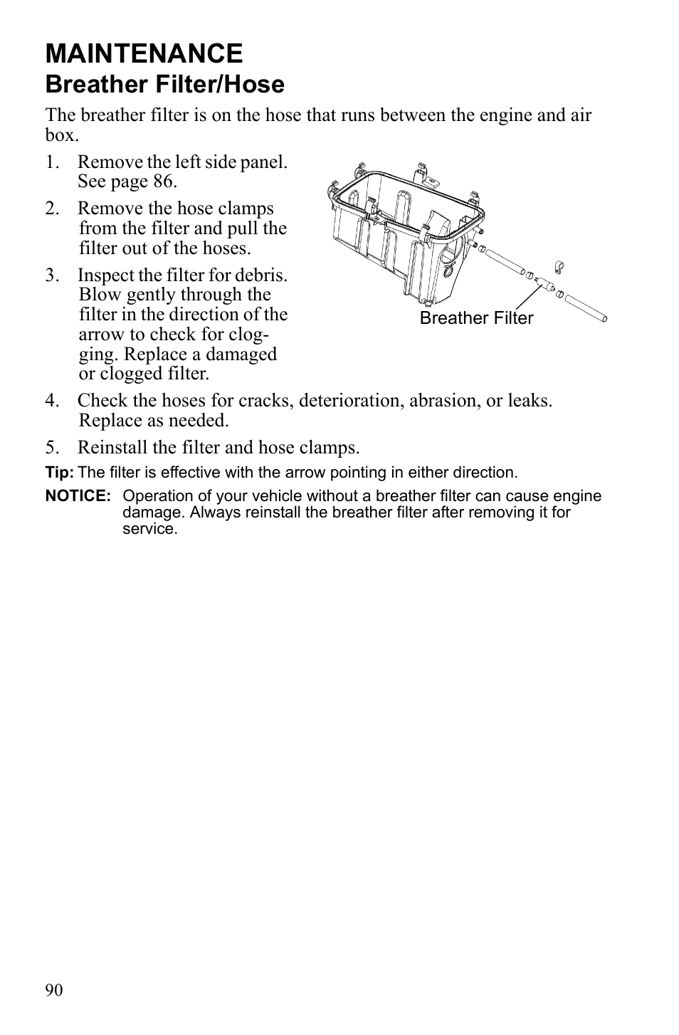 Maintenance, Breather filter/hose | Polaris Sportsman Touring 500 HO User Manual | Page 94 / 145