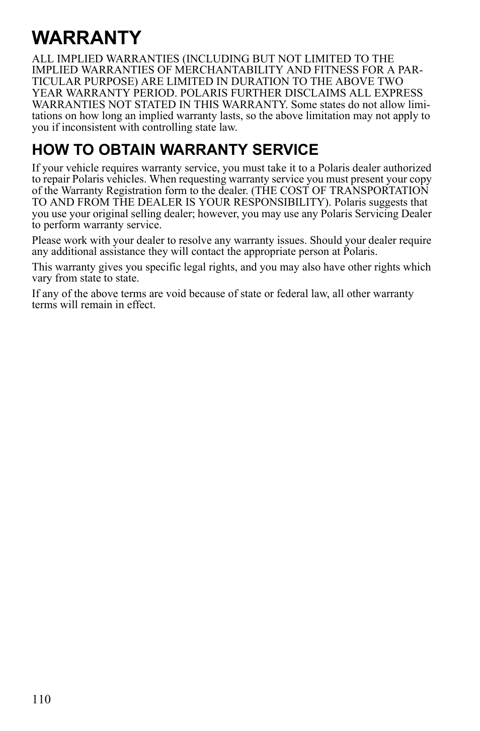 Warranty, How to obtain warranty service | Polaris 9922462 User Manual | Page 113 / 118