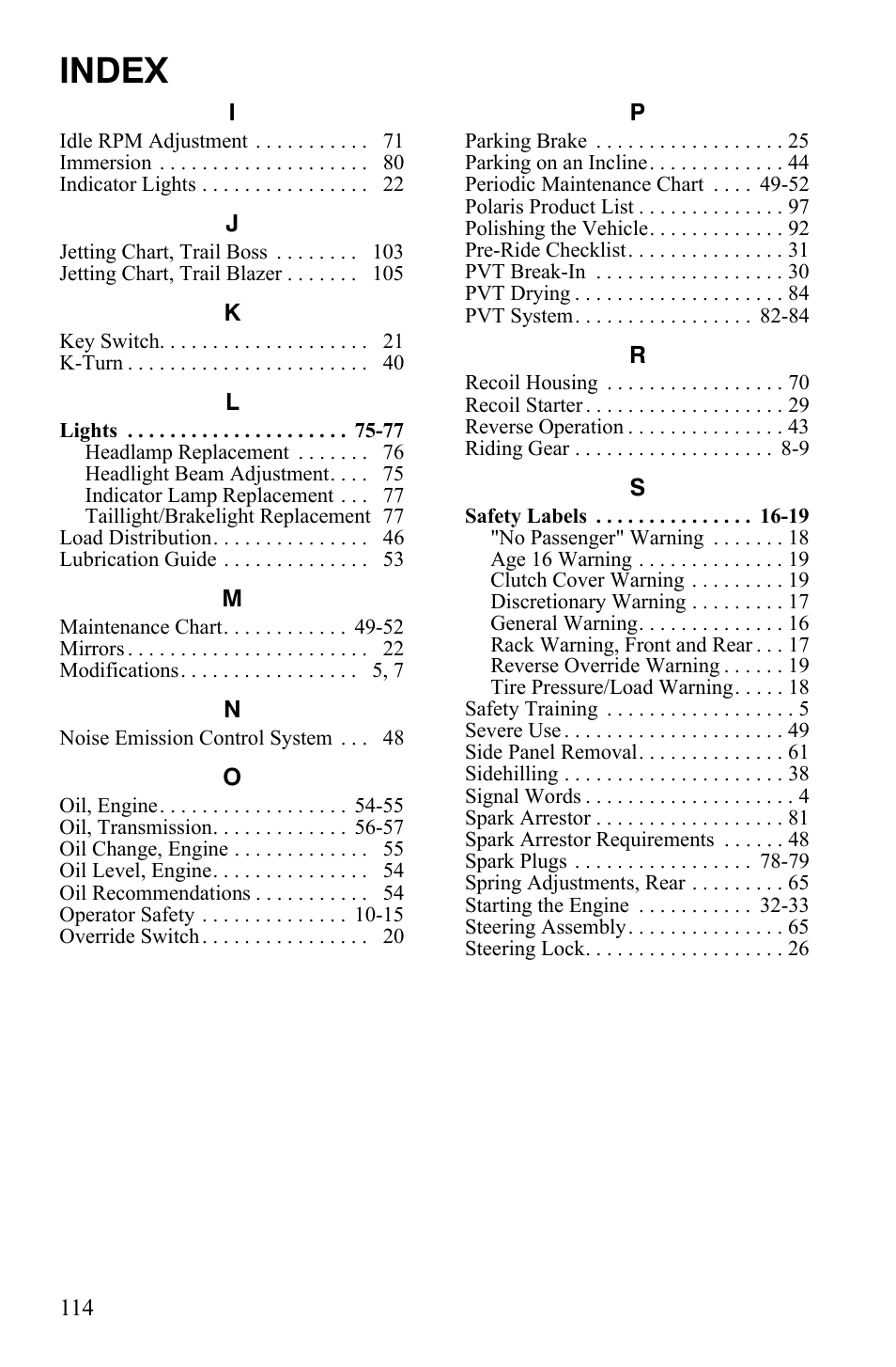 Index | Polaris 9922462 User Manual | Page 117 / 118