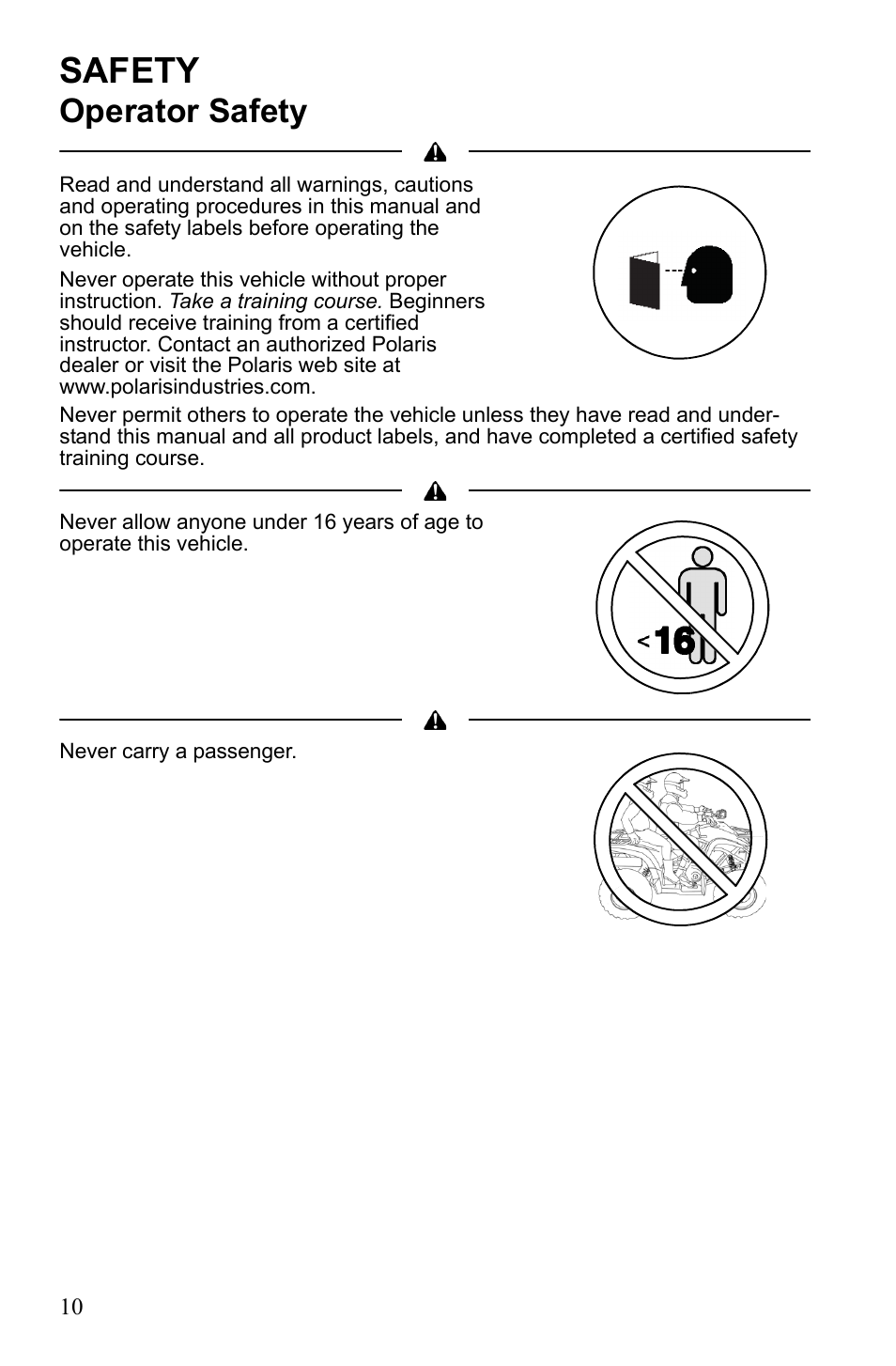 Safety, Operator safety | Polaris 9922462 User Manual | Page 13 / 118