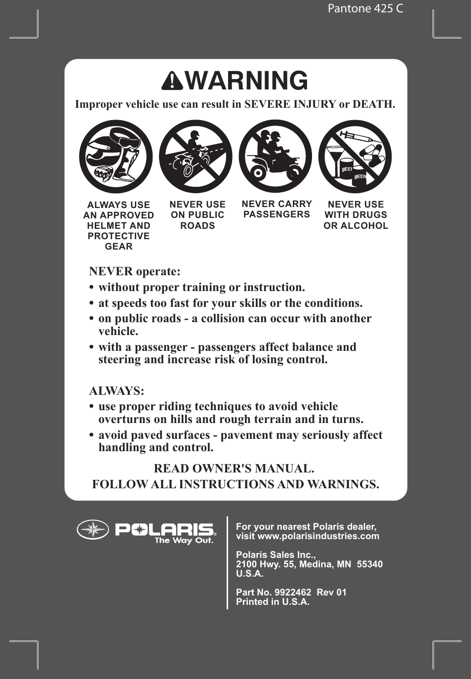 Warning | Polaris 9922462 User Manual | Page 2 / 118