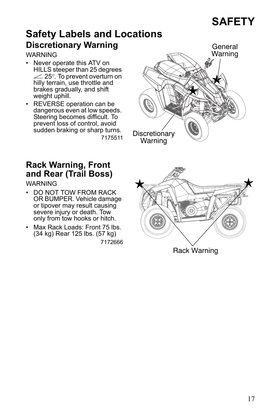 Safety, Safety labels and locations, Discretionary warning | Rack warning, front and rear (trail boss) | Polaris 9922462 User Manual | Page 20 / 118