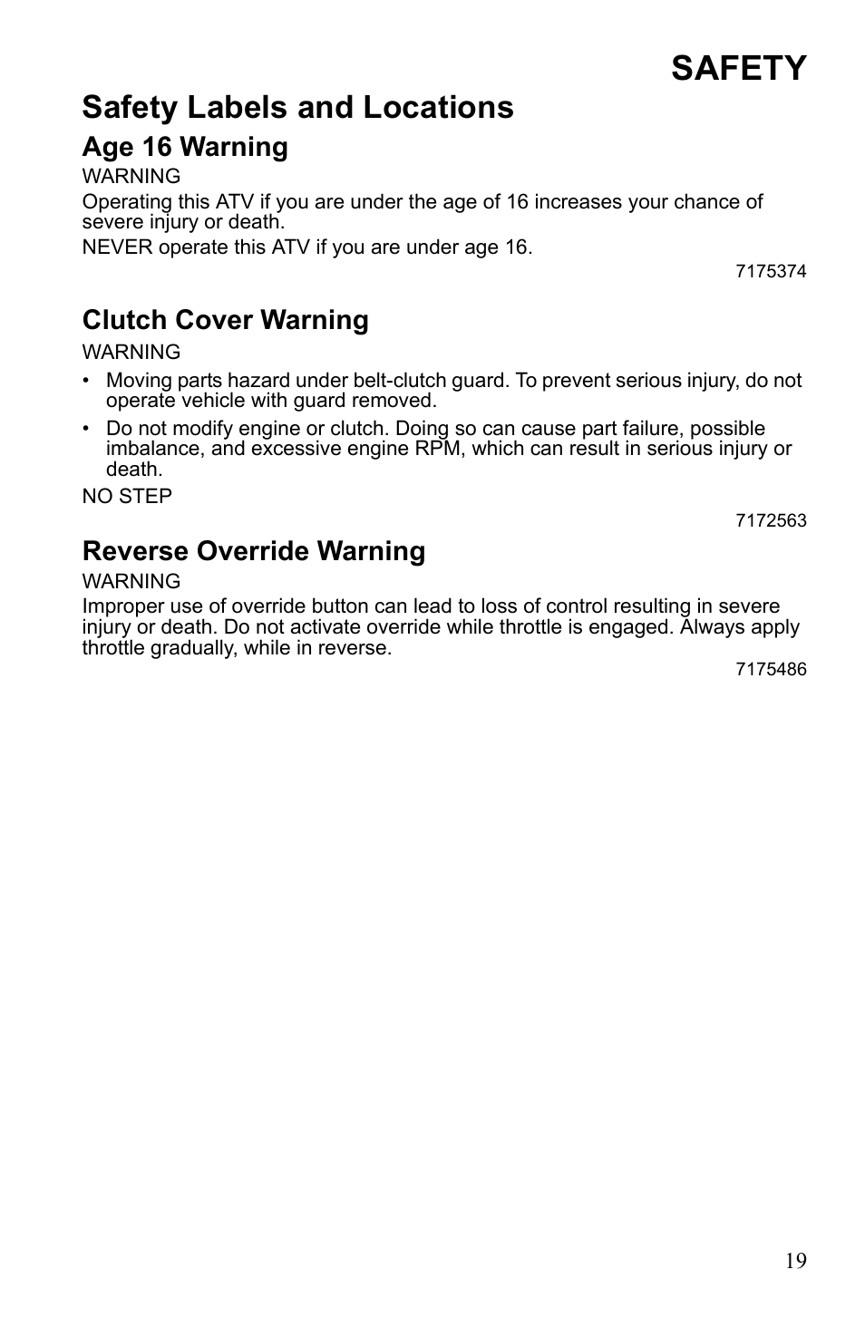 Safety, Safety labels and locations, Age 16 warning | Clutch cover warning, Reverse override warning | Polaris 9922462 User Manual | Page 22 / 118