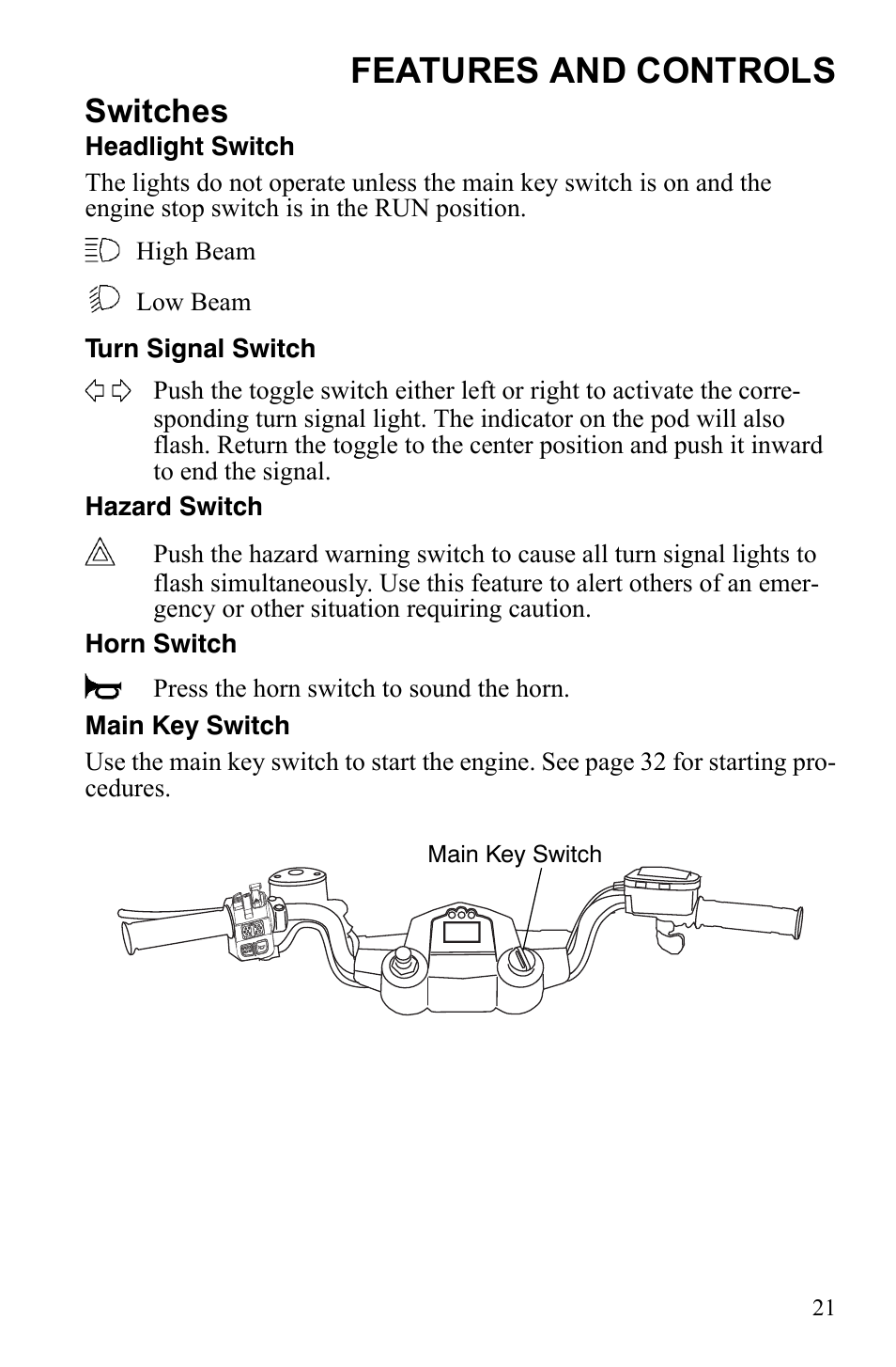 Features and controls, Switches | Polaris 9922462 User Manual | Page 24 / 118
