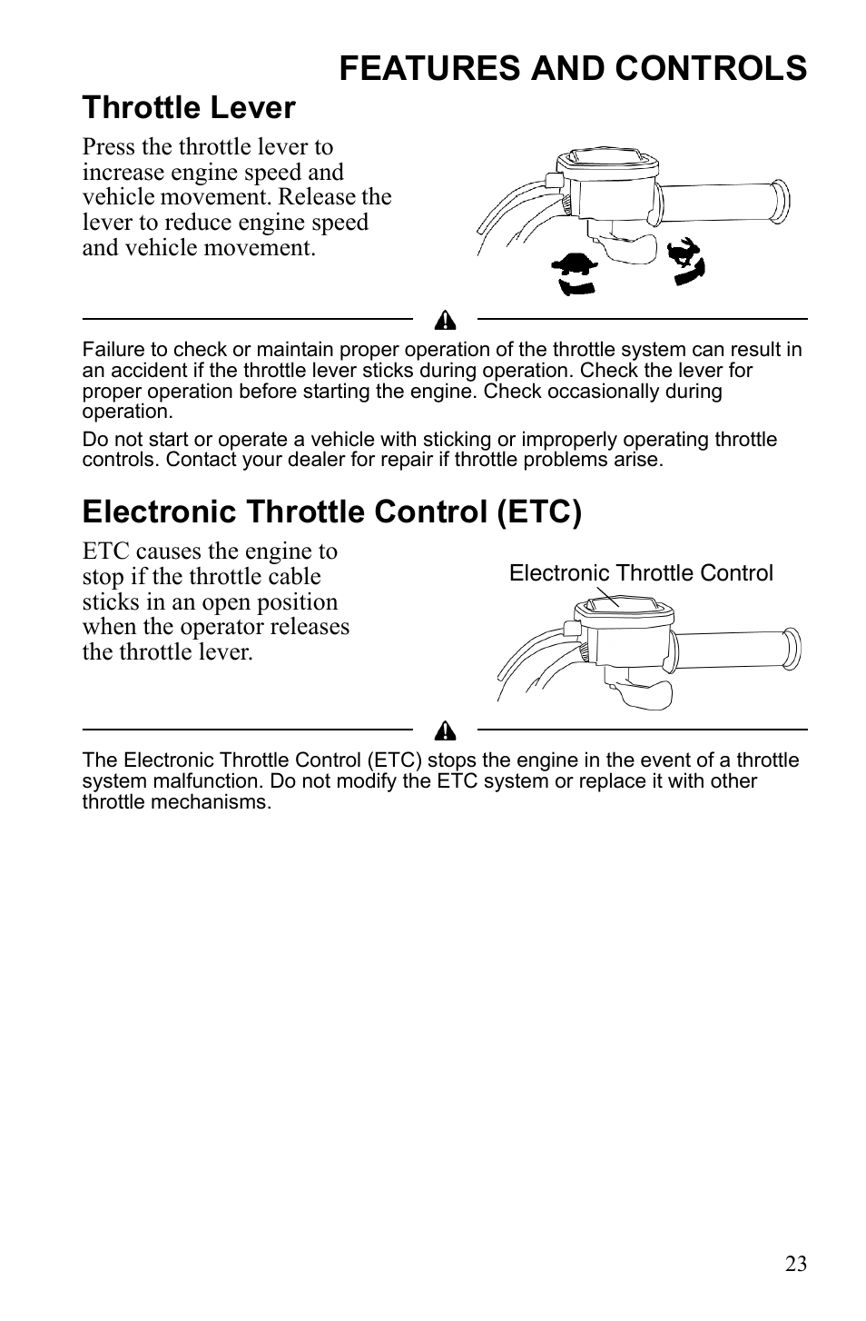 Features and controls, Throttle lever, Electronic throttle control (etc) | Polaris 9922462 User Manual | Page 26 / 118