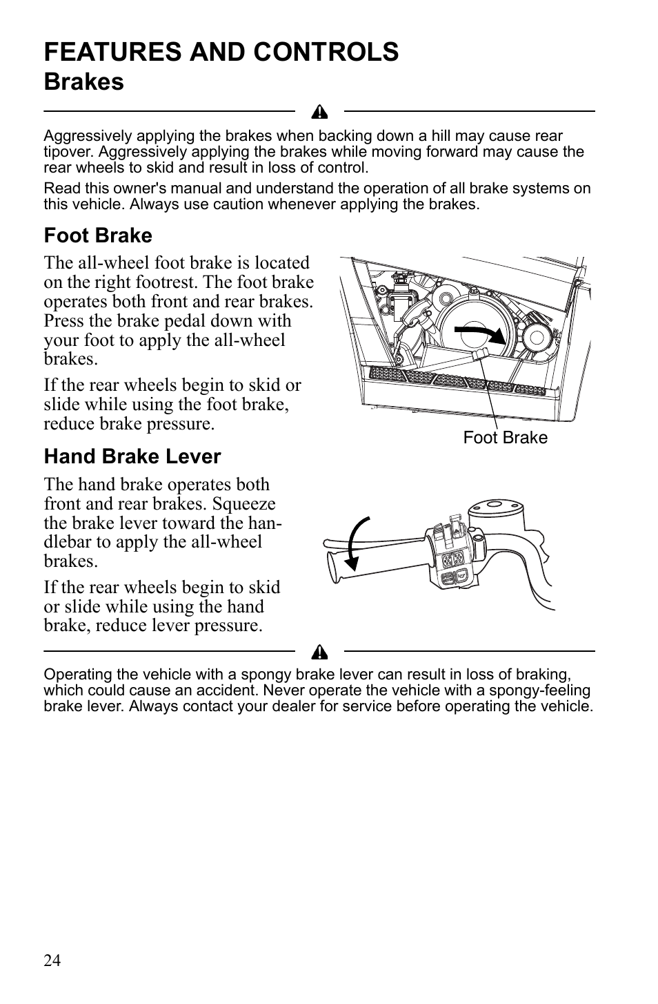 Features and controls, Brakes, Foot brake | Hand brake lever | Polaris 9922462 User Manual | Page 27 / 118