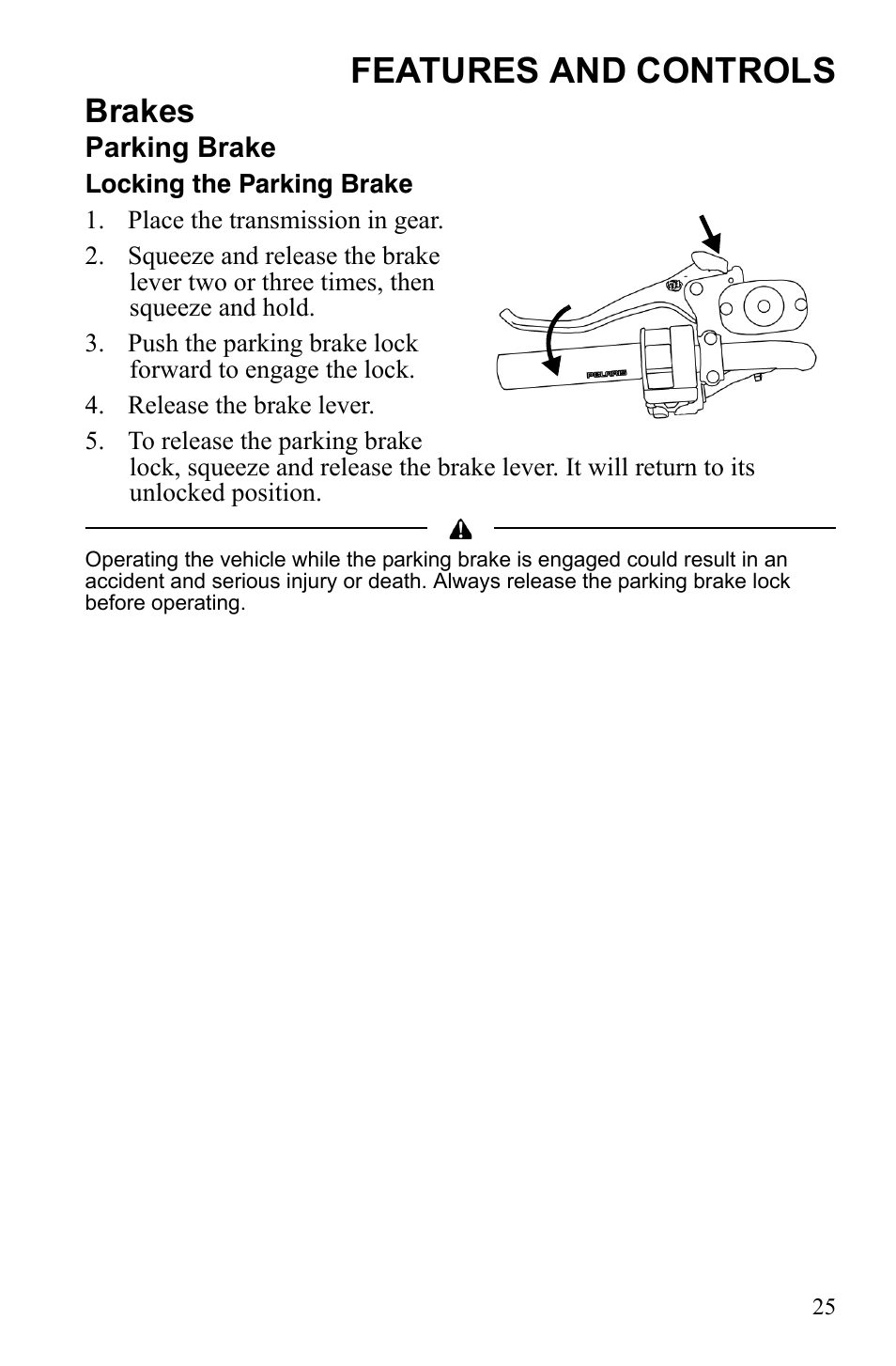 Features and controls, Brakes | Polaris 9922462 User Manual | Page 28 / 118