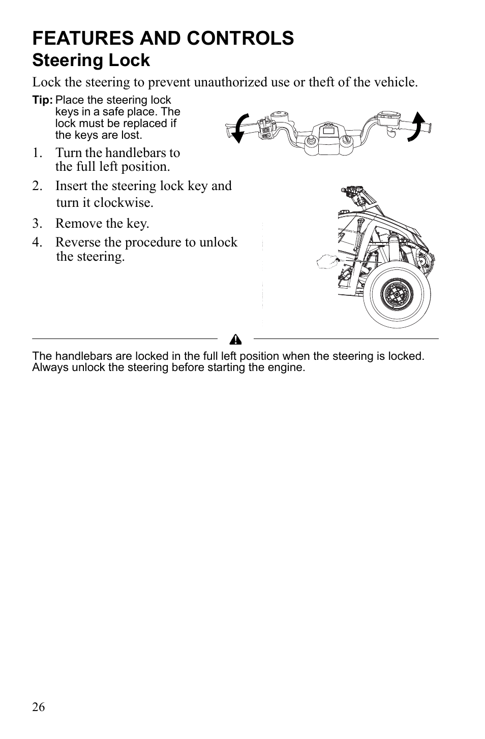 Features and controls, Steering lock | Polaris 9922462 User Manual | Page 29 / 118
