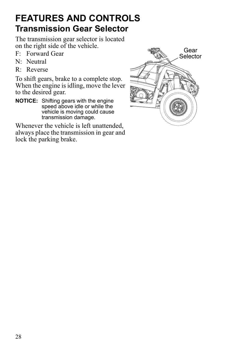 Features and controls, Transmission gear selector | Polaris 9922462 User Manual | Page 31 / 118