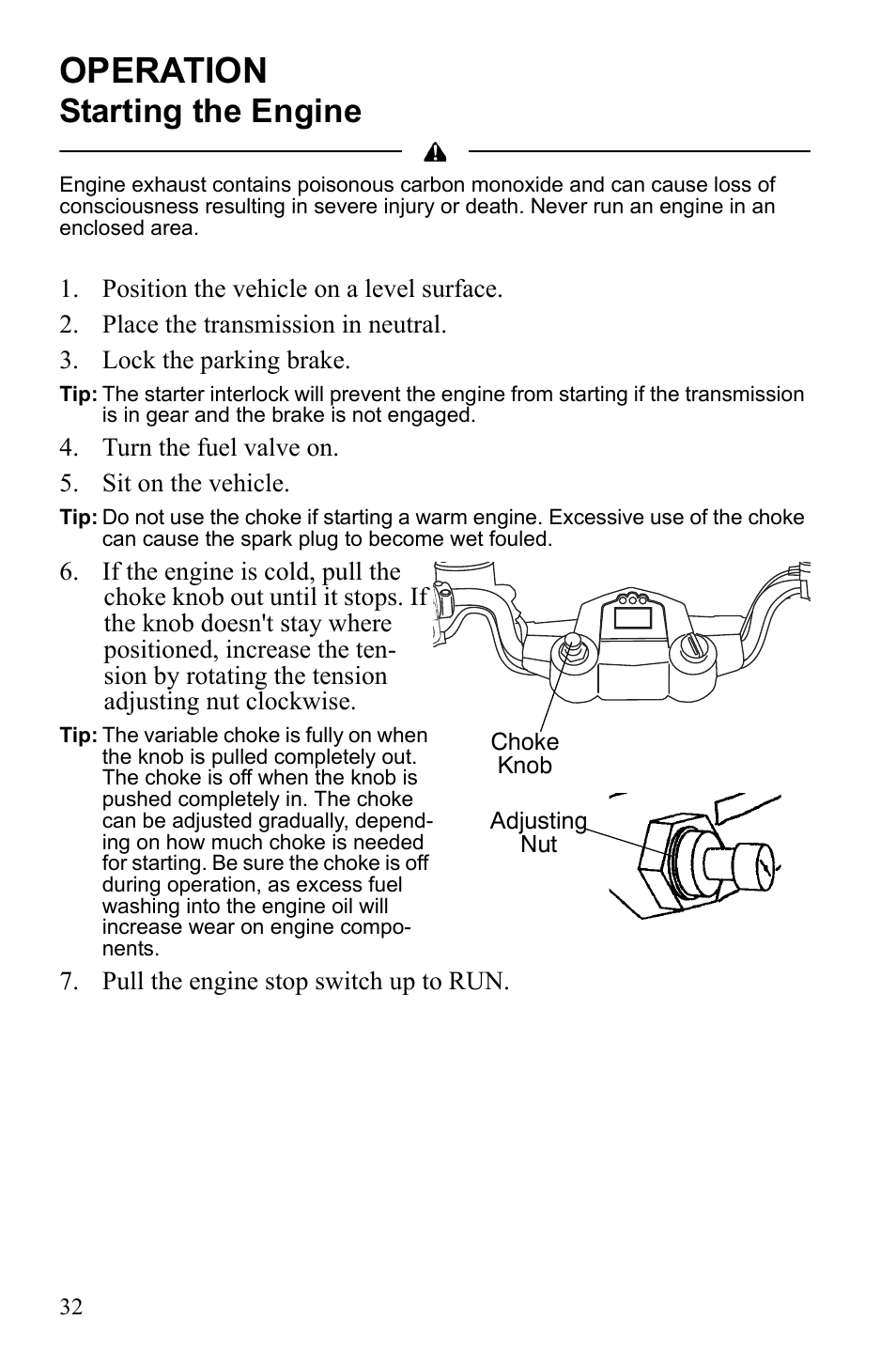 Operation, Starting the engine | Polaris 9922462 User Manual | Page 35 / 118