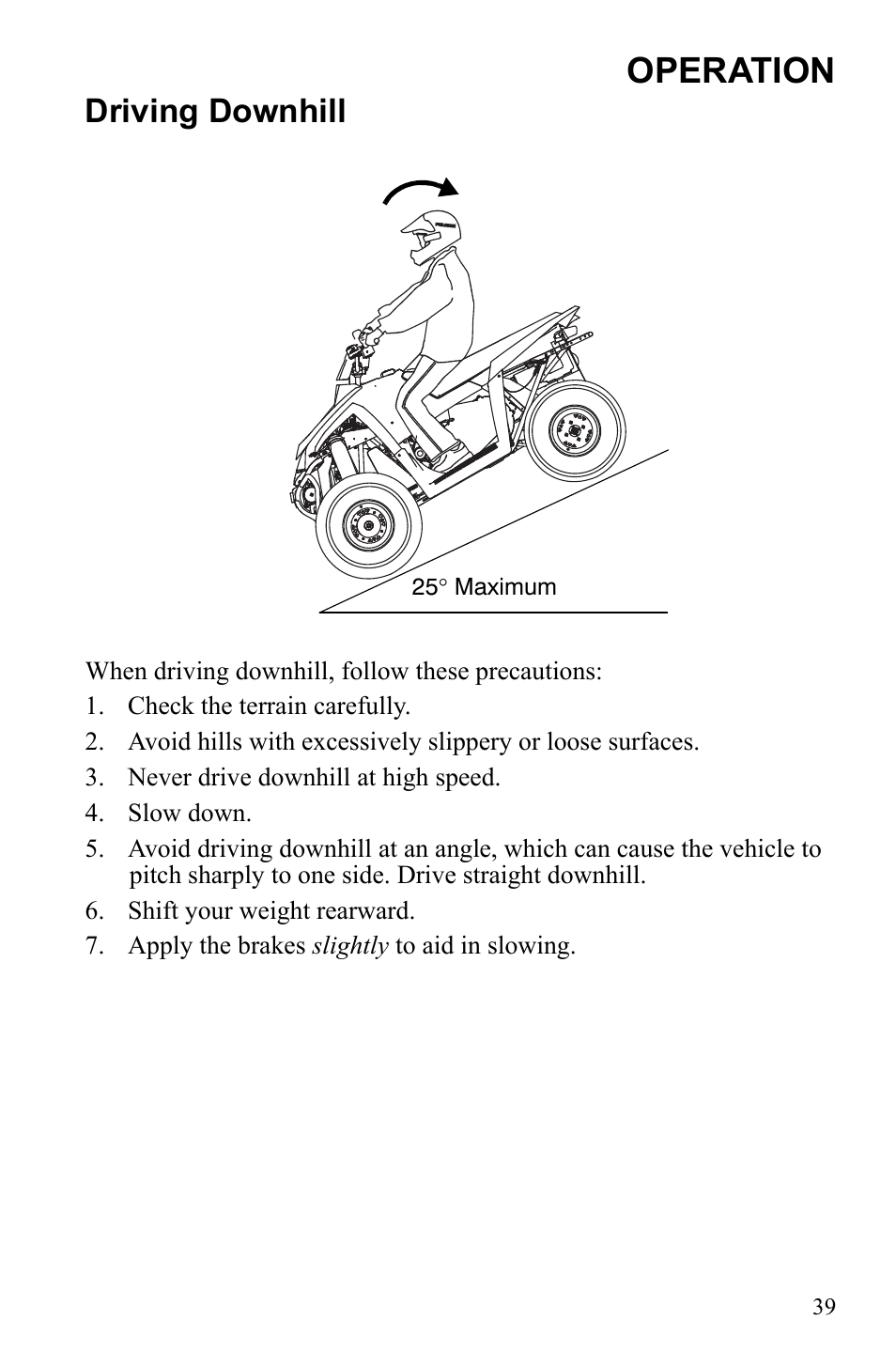 Operation, Driving downhill | Polaris 9922462 User Manual | Page 42 / 118