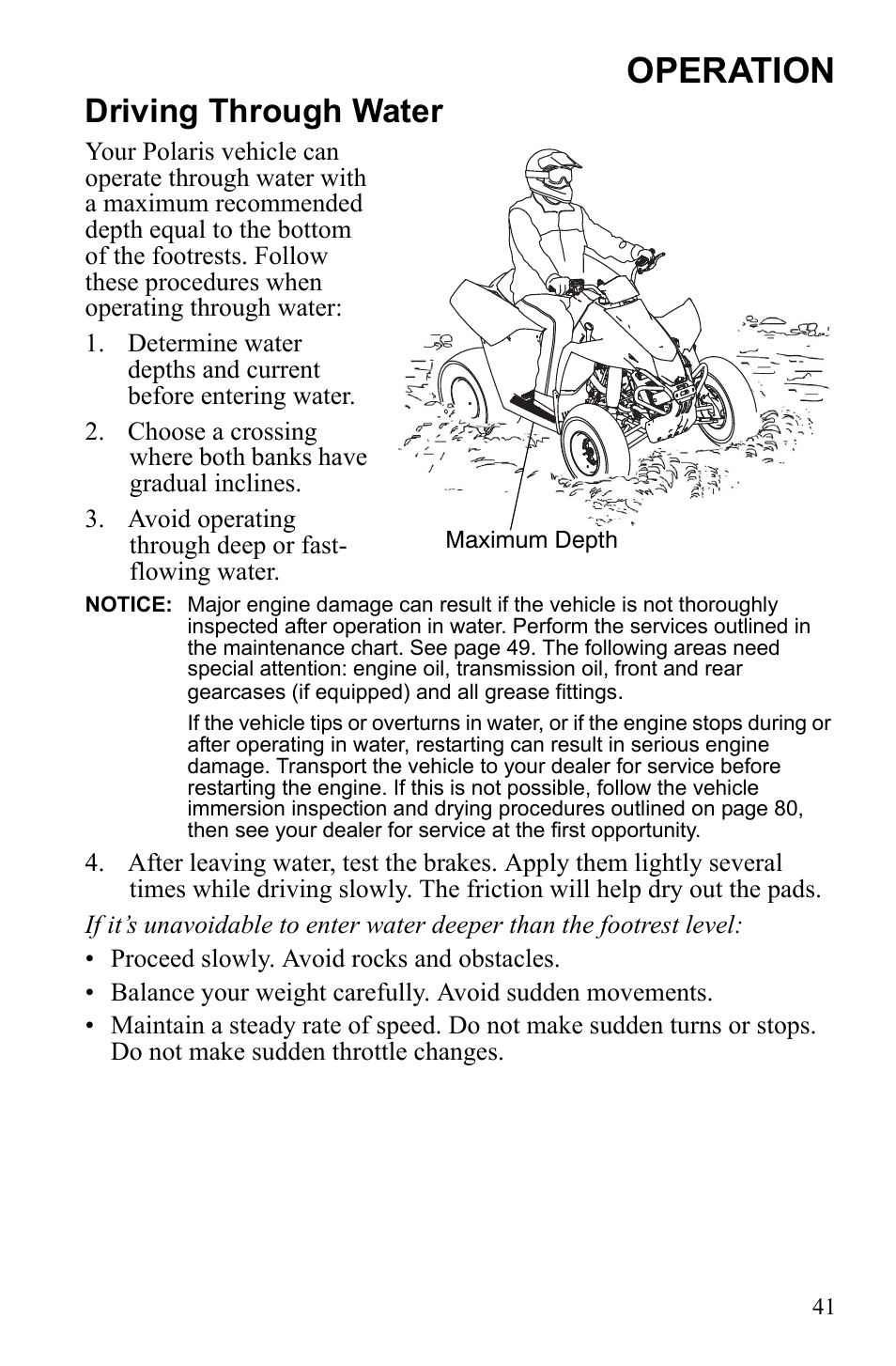 Operation, Driving through water | Polaris 9922462 User Manual | Page 44 / 118