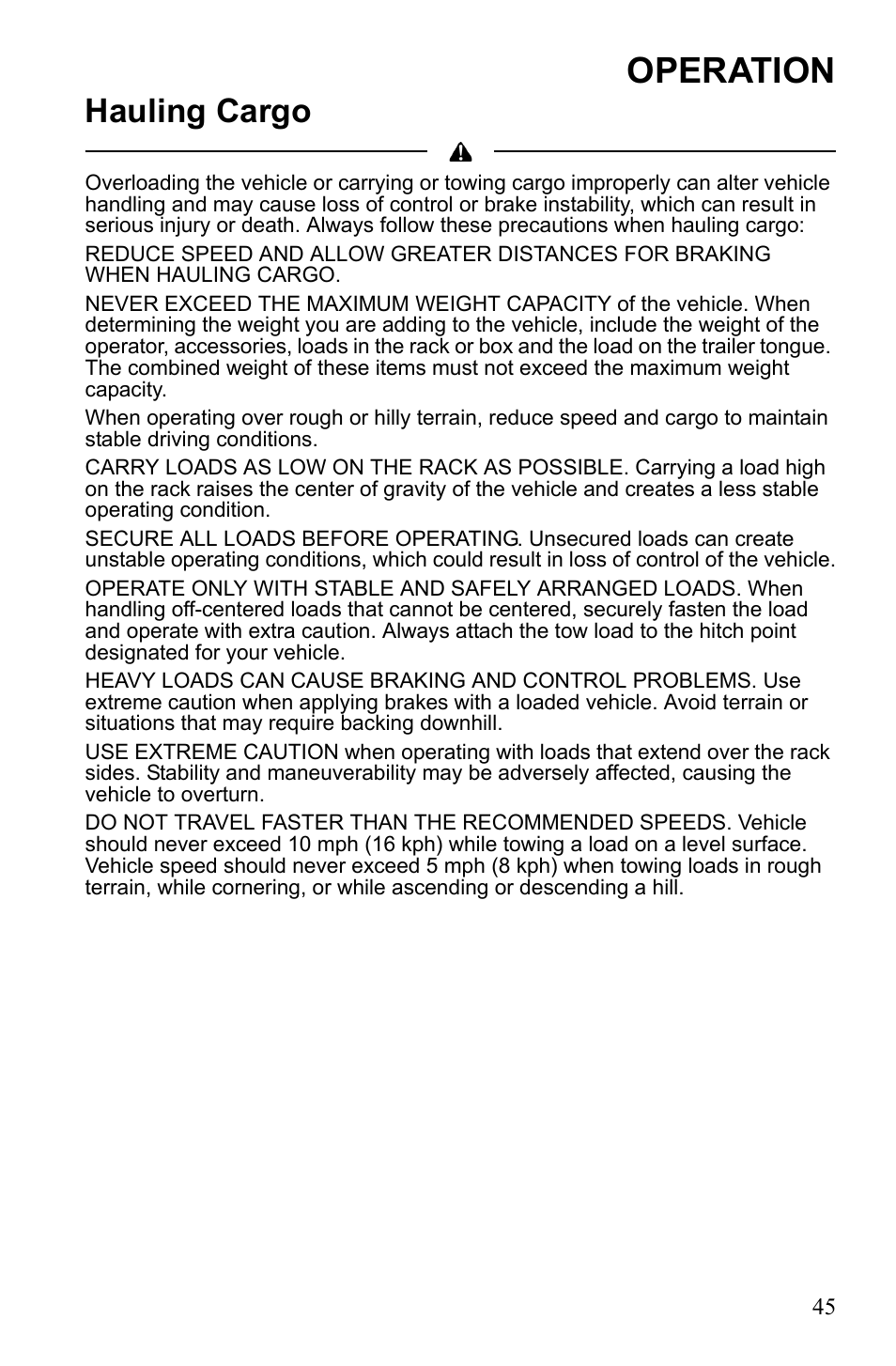 Operation, Hauling cargo | Polaris 9922462 User Manual | Page 48 / 118