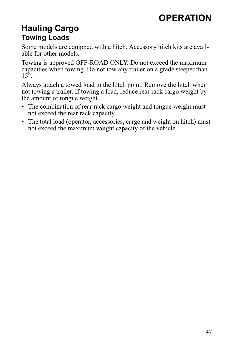 Operation, Hauling cargo | Polaris 9922462 User Manual | Page 50 / 118