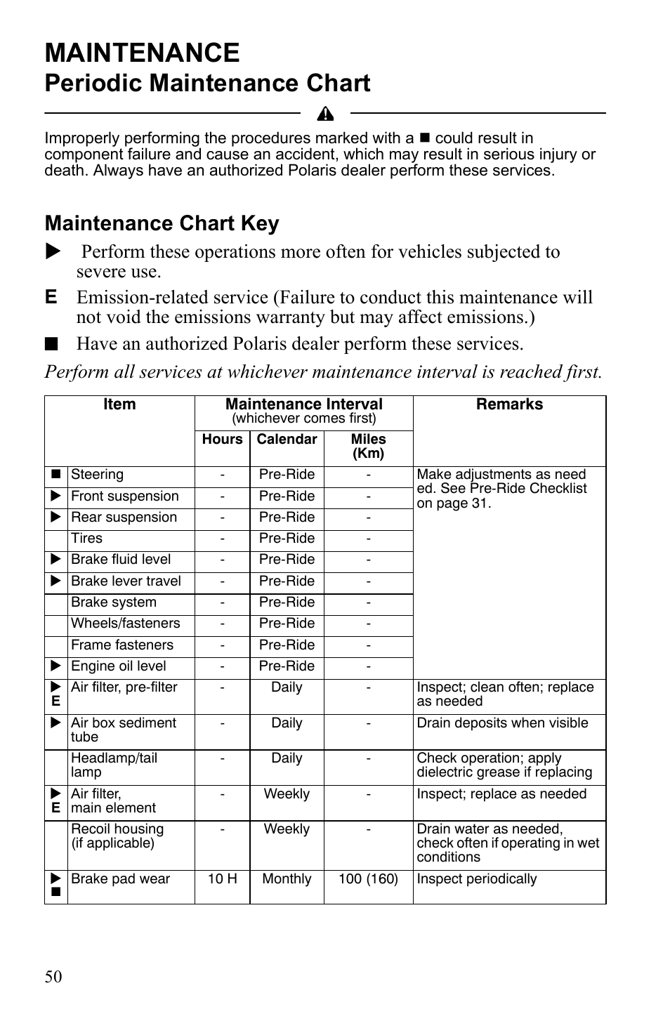 Maintenance, Periodic maintenance chart, Maintenance chart key | Polaris 9922462 User Manual | Page 53 / 118