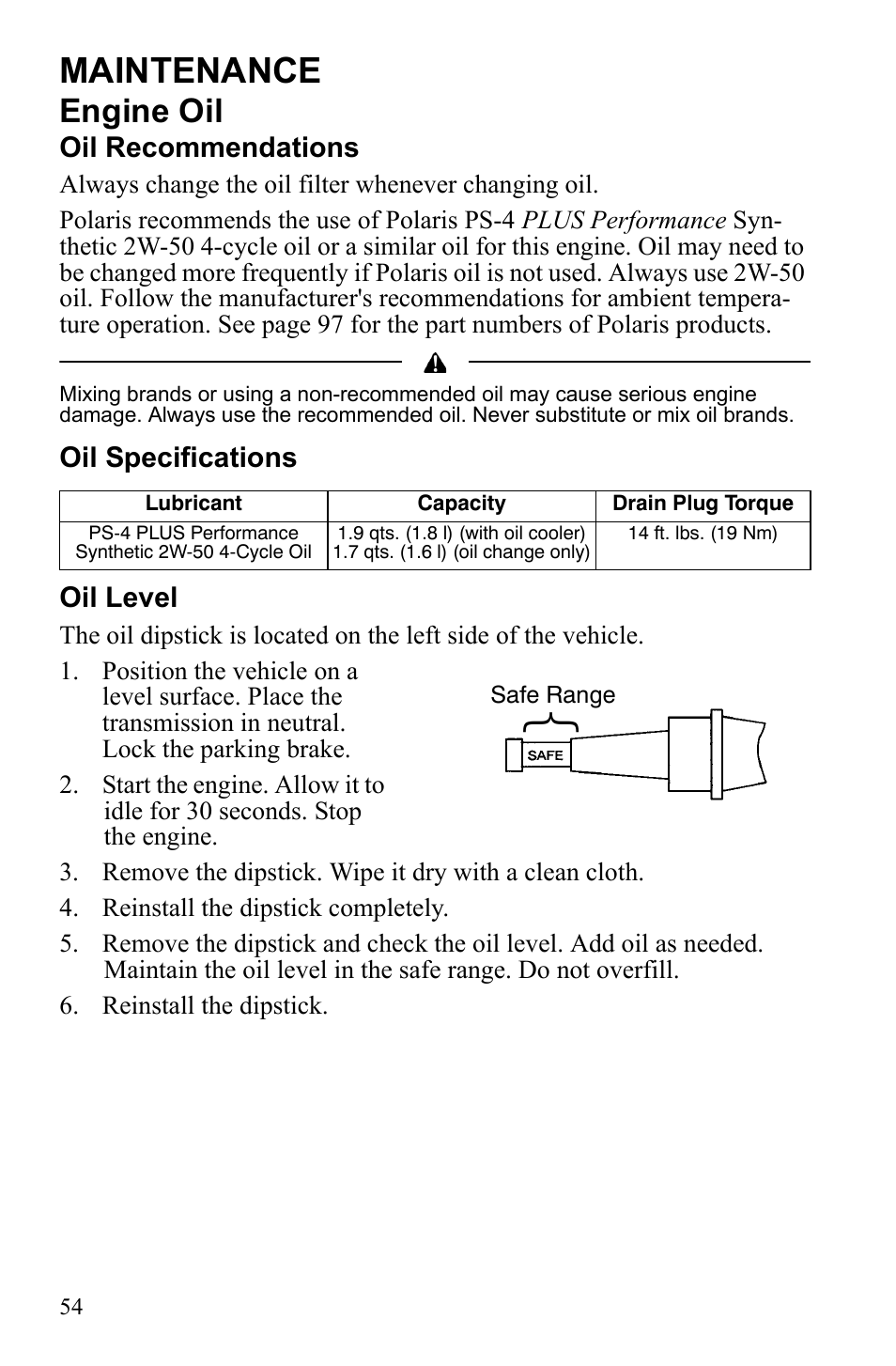 Maintenance, Engine oil | Polaris 9922462 User Manual | Page 57 / 118