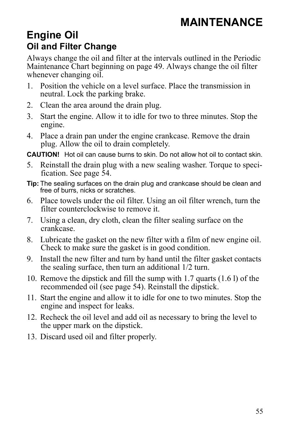 Maintenance, Engine oil | Polaris 9922462 User Manual | Page 58 / 118