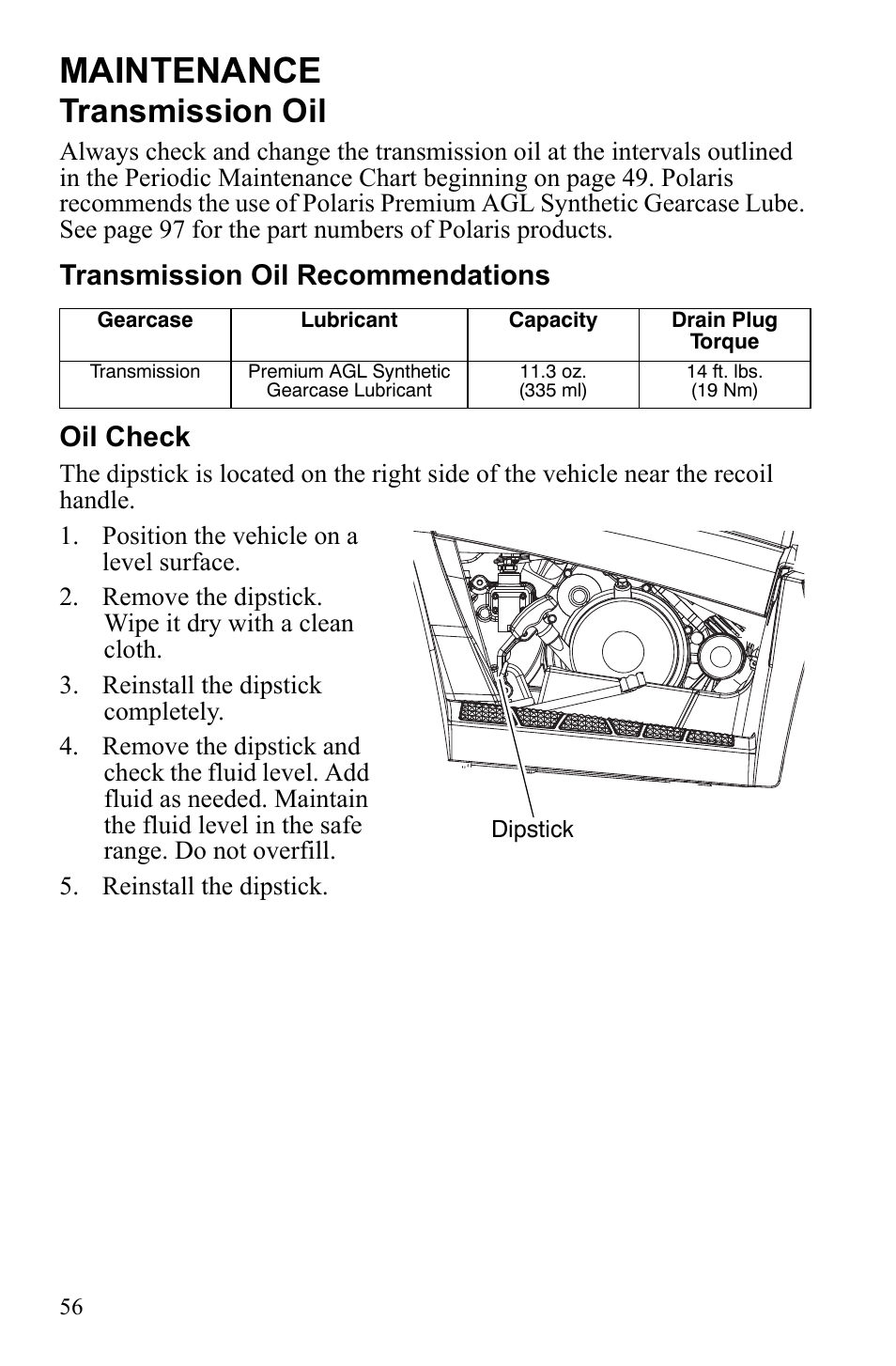 Maintenance, Transmission oil, Transmission oil recommendations oil check | Polaris 9922462 User Manual | Page 59 / 118