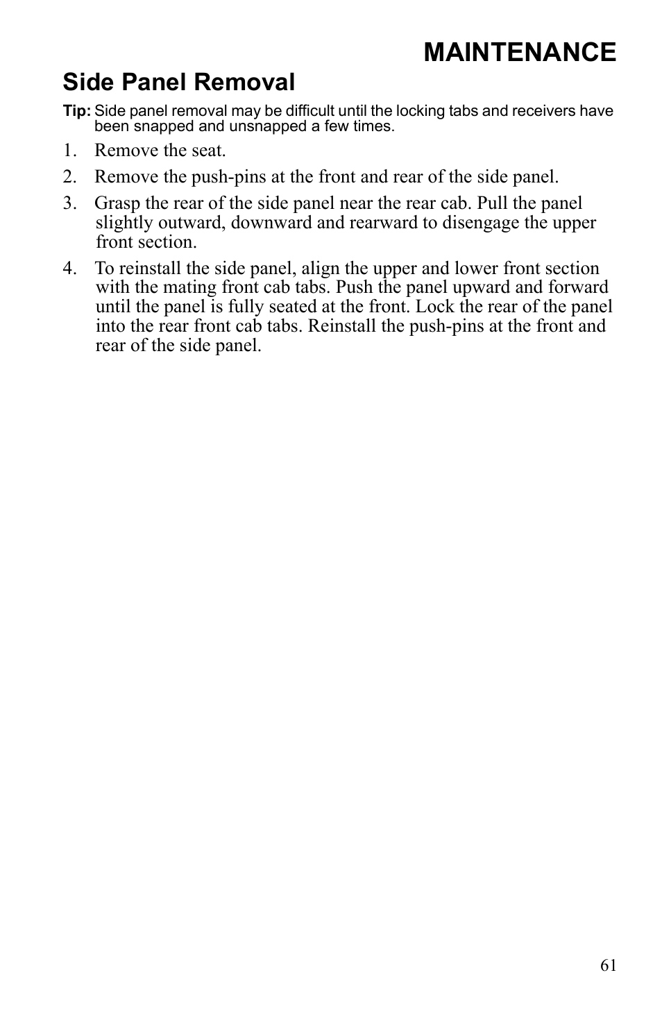 Maintenance, Side panel removal | Polaris 9922462 User Manual | Page 64 / 118