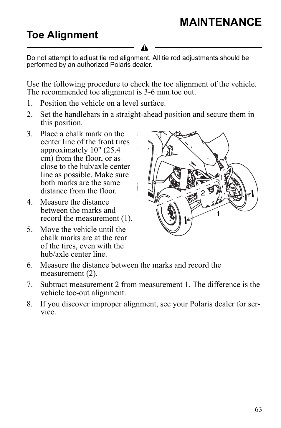 Maintenance, Toe alignment | Polaris 9922462 User Manual | Page 66 / 118