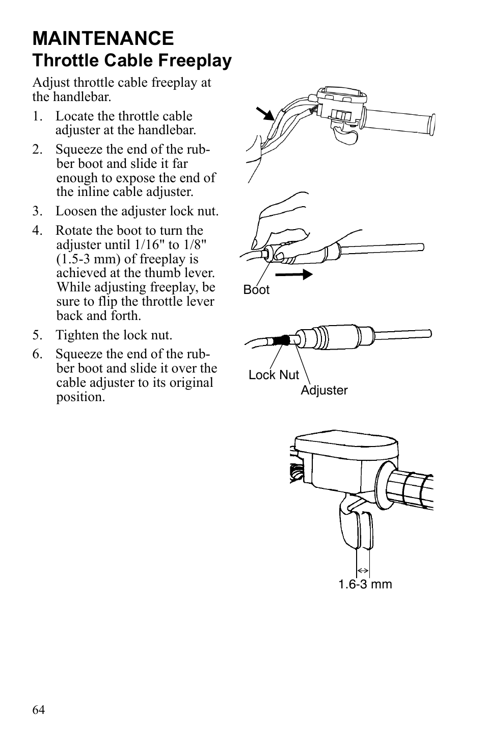 Maintenance, Throttle cable freeplay | Polaris 9922462 User Manual | Page 67 / 118